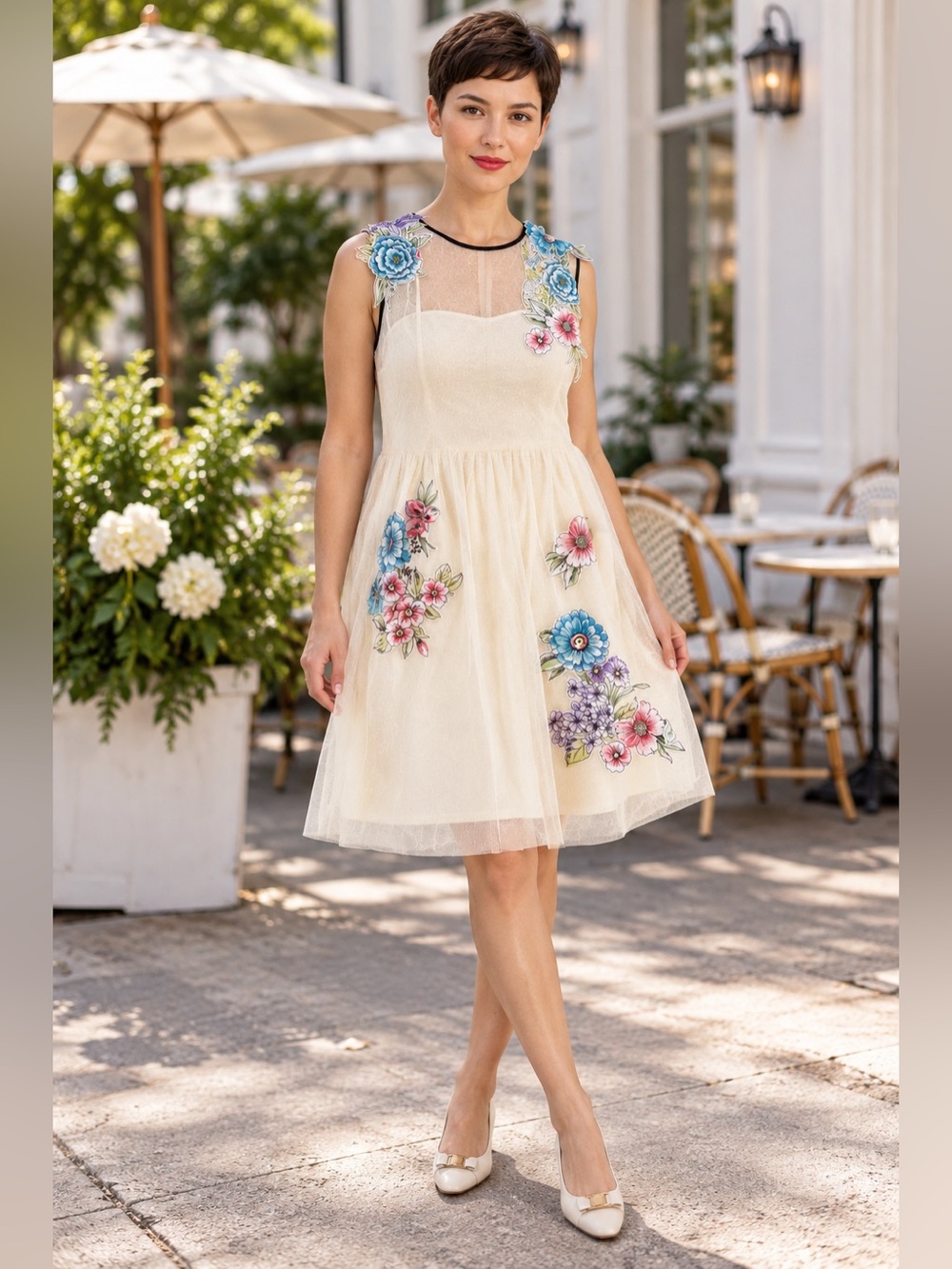 Red Valentino Cream Point d’Esprit Mesh Floral Appliqué Dress Jewel Neck Size 42